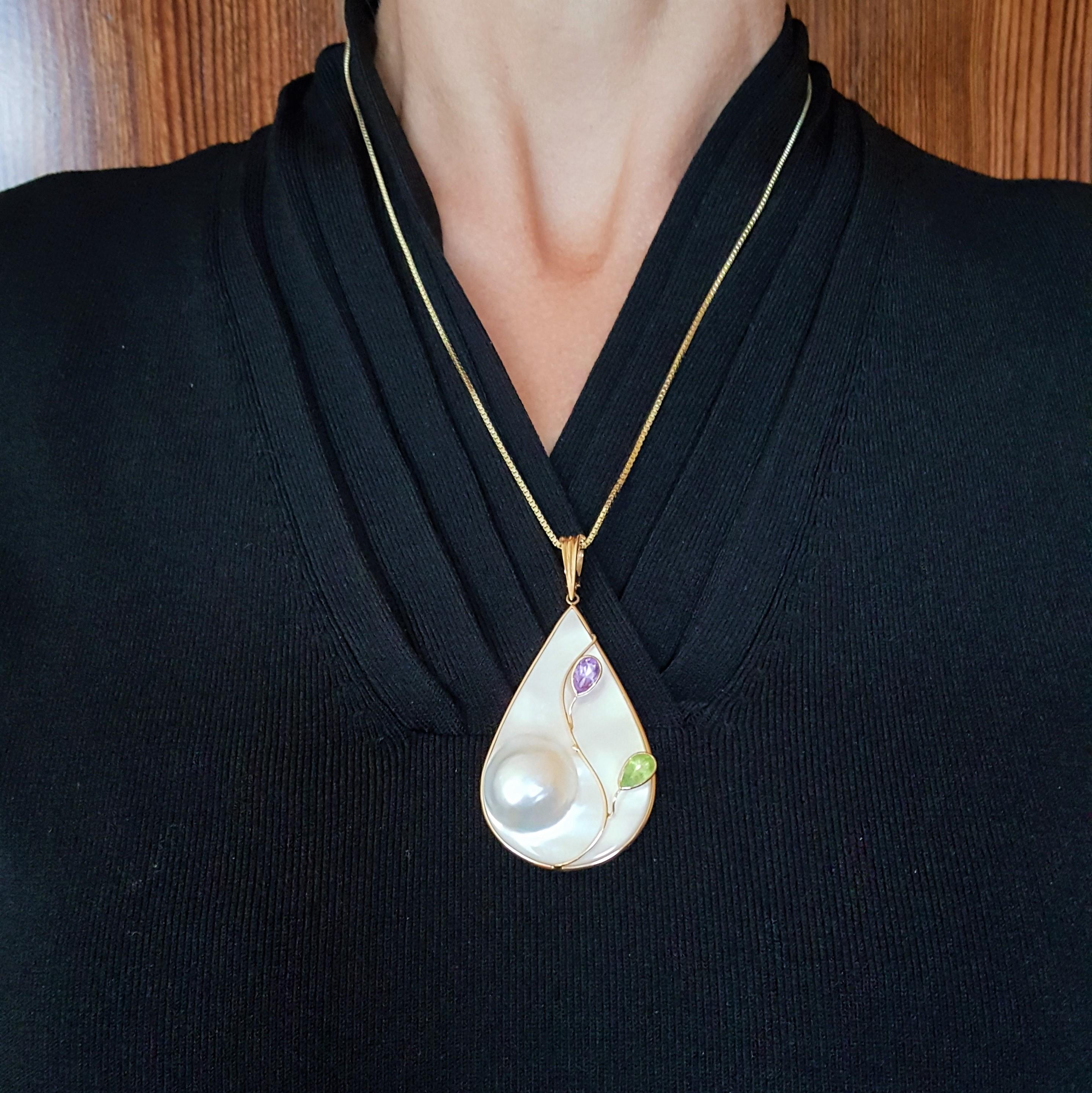 Modern 14kt Yellow Gold Pear Cut Fine Mabe Pearl, Amethyst & Peridot, Pendant/Enhancer