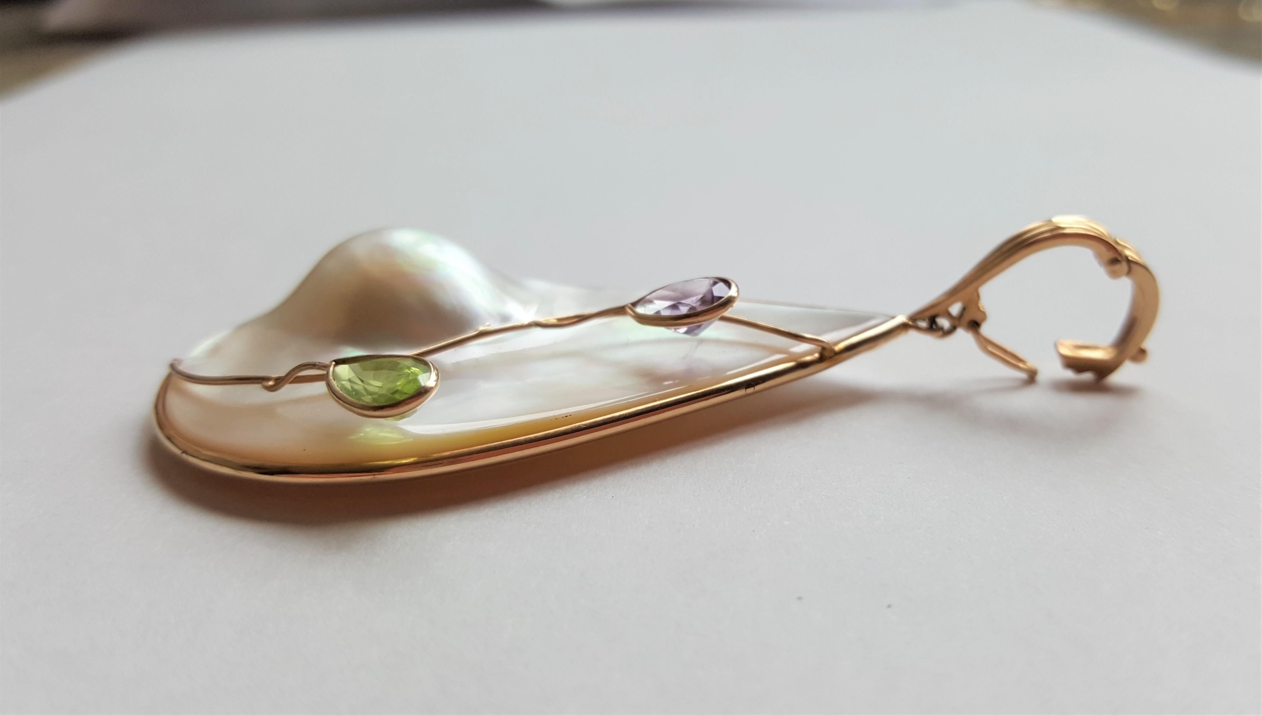 Women's 14kt Yellow Gold Pear Cut Fine Mabe Pearl, Amethyst & Peridot, Pendant/Enhancer