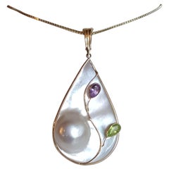 14kt Yellow Gold Pear Cut Fine Mabe Pearl, Amethyst & Peridot, Pendant/Enhancer