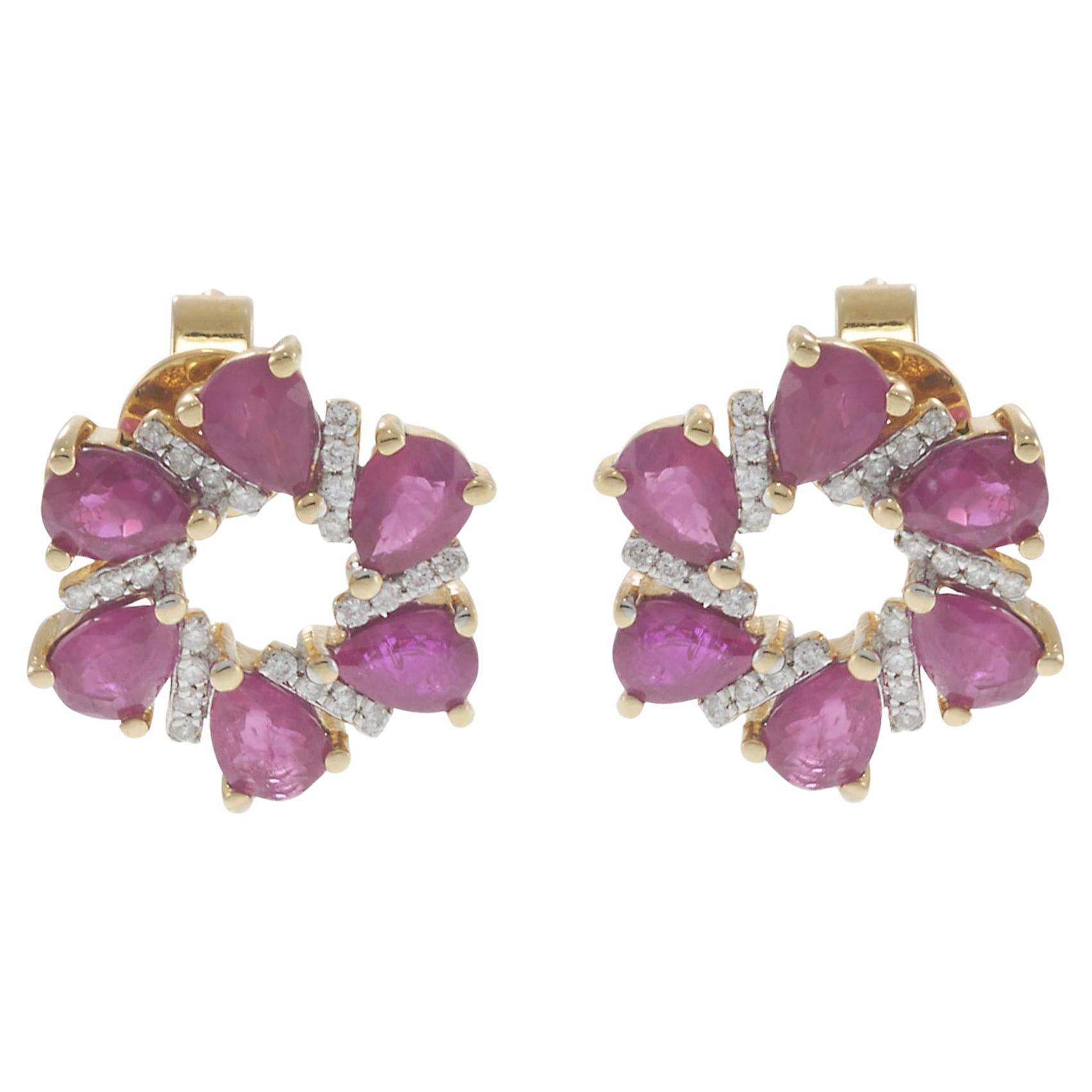 14KT Yellow Gold Pear Ruby and Diamond Open Flower Earrings