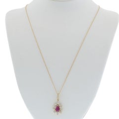 14KT Yellow Gold Pear Ruby and Diamond Starburst Drop Pendant Necklace