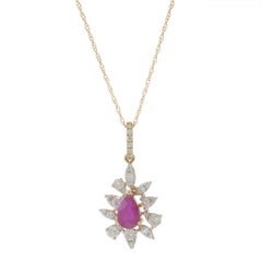 14KT Yellow Gold Pear Ruby and Diamond Starburst Drop Pendant Necklace