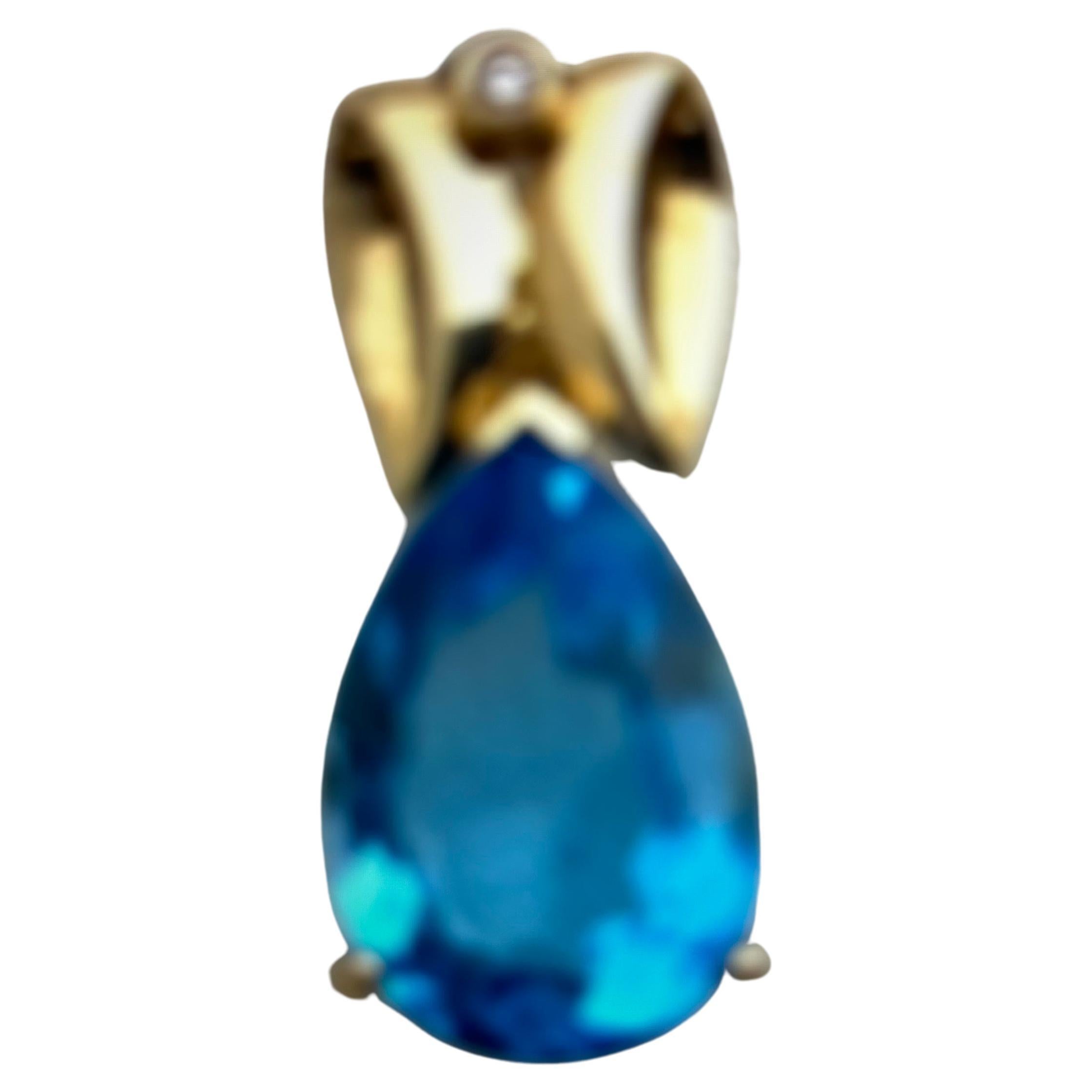 14kt Yellow Gold Pear Shape London Blue Topaz with  approx 2mm Diamond 1 1/4