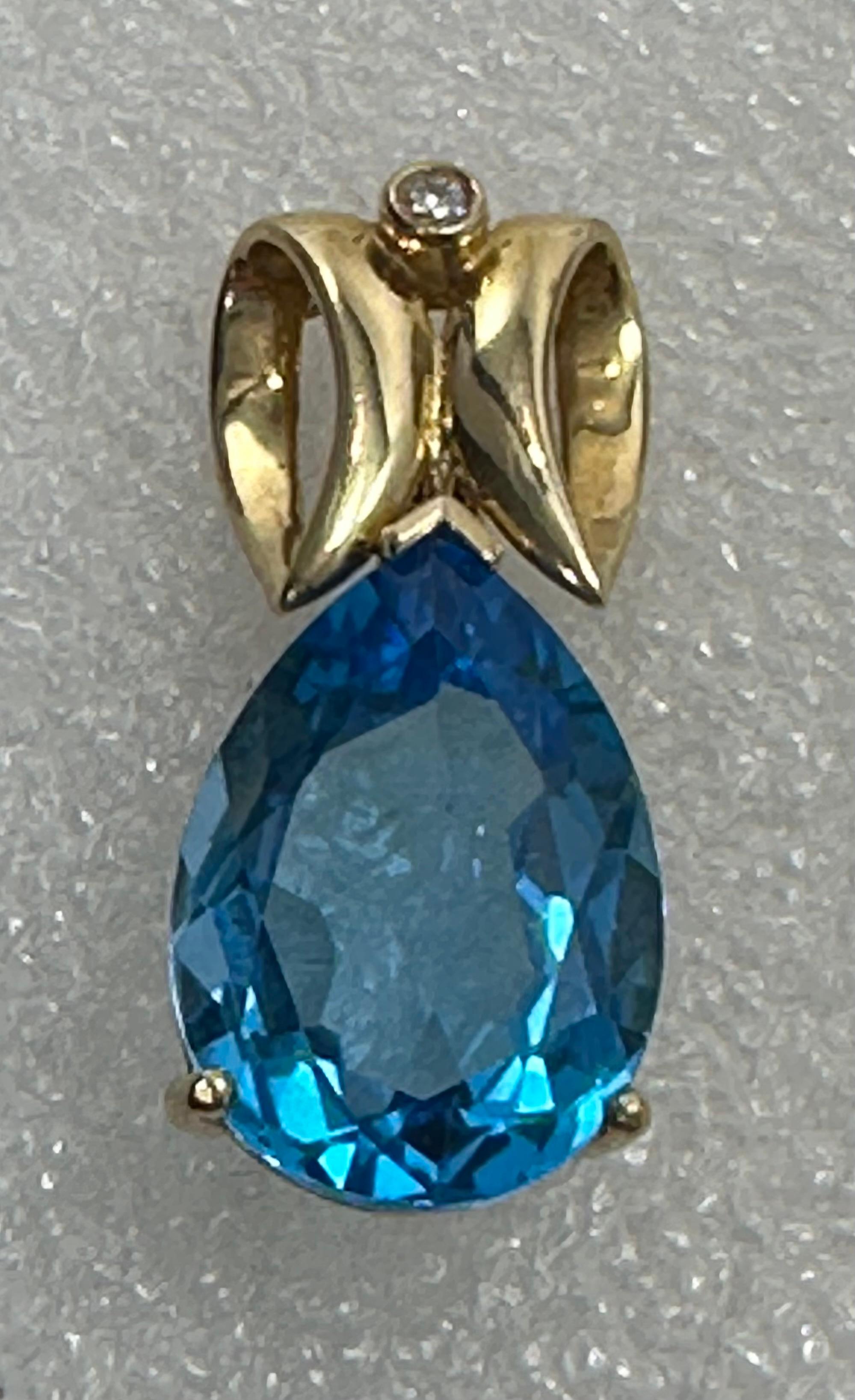 Artisan 14kt Yellow Gold Pear Shape London Blue Topaz 2mm Diamond 1 1/4