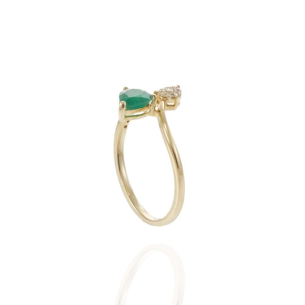 Women's or Men's 14KT Yellow Gold Pear-Shaped Emerald & Diamond Fancy Petal Ring For Sale