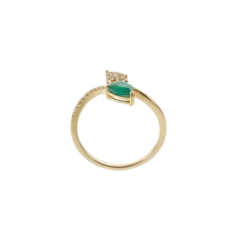 14KT Yellow Gold Pear-Shaped Emerald & Diamond Fancy Petal Ring For Sale 2