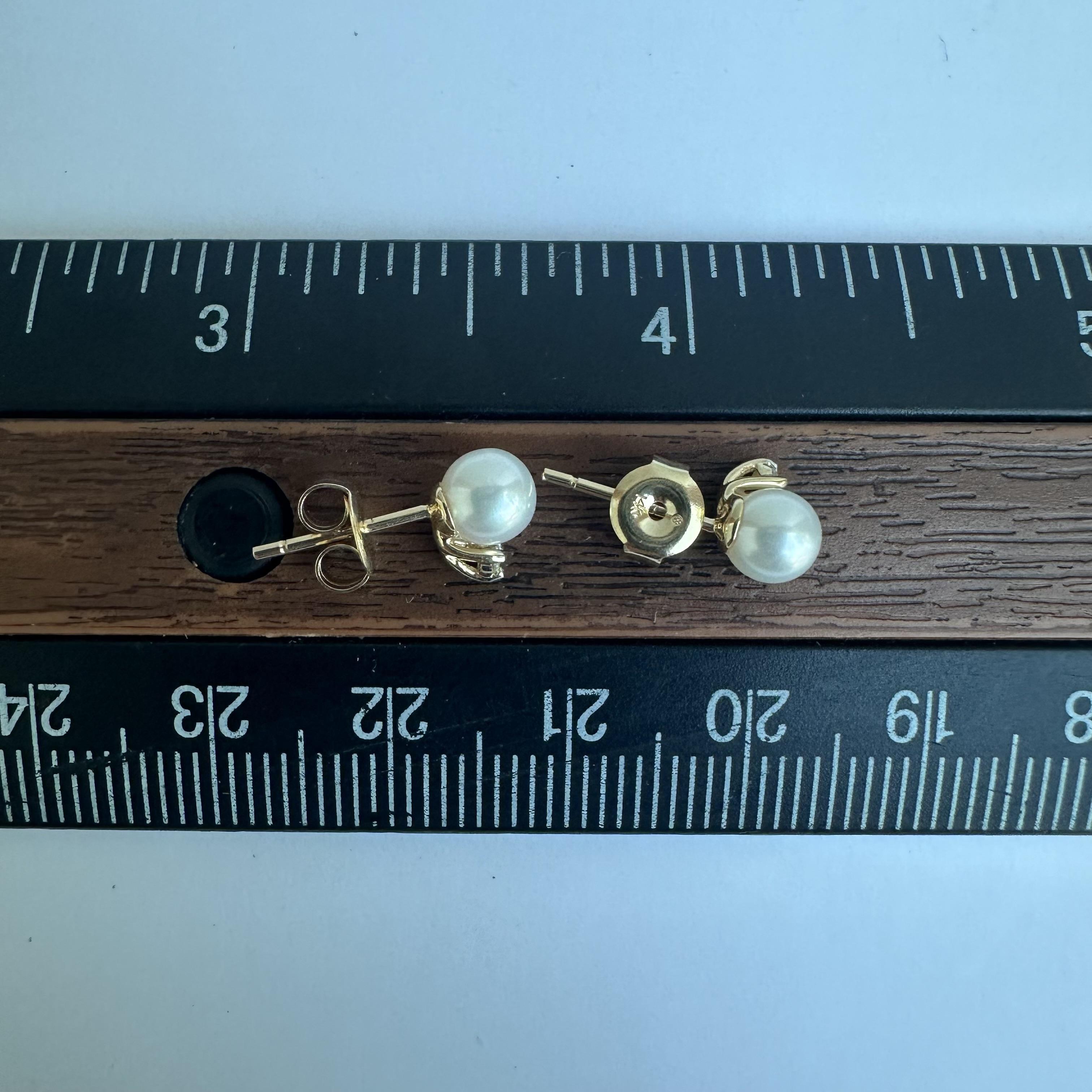 14kt Yellow Gold Pearl and Diamond Stud Earrings - 5mm Freshwater Pearls, New 1
