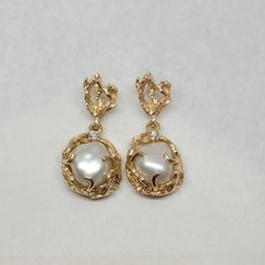 14kt Yellow Gold Pearl Diamond Gold Nugget Screw Back Earrings, .04ct, 6.4 grams