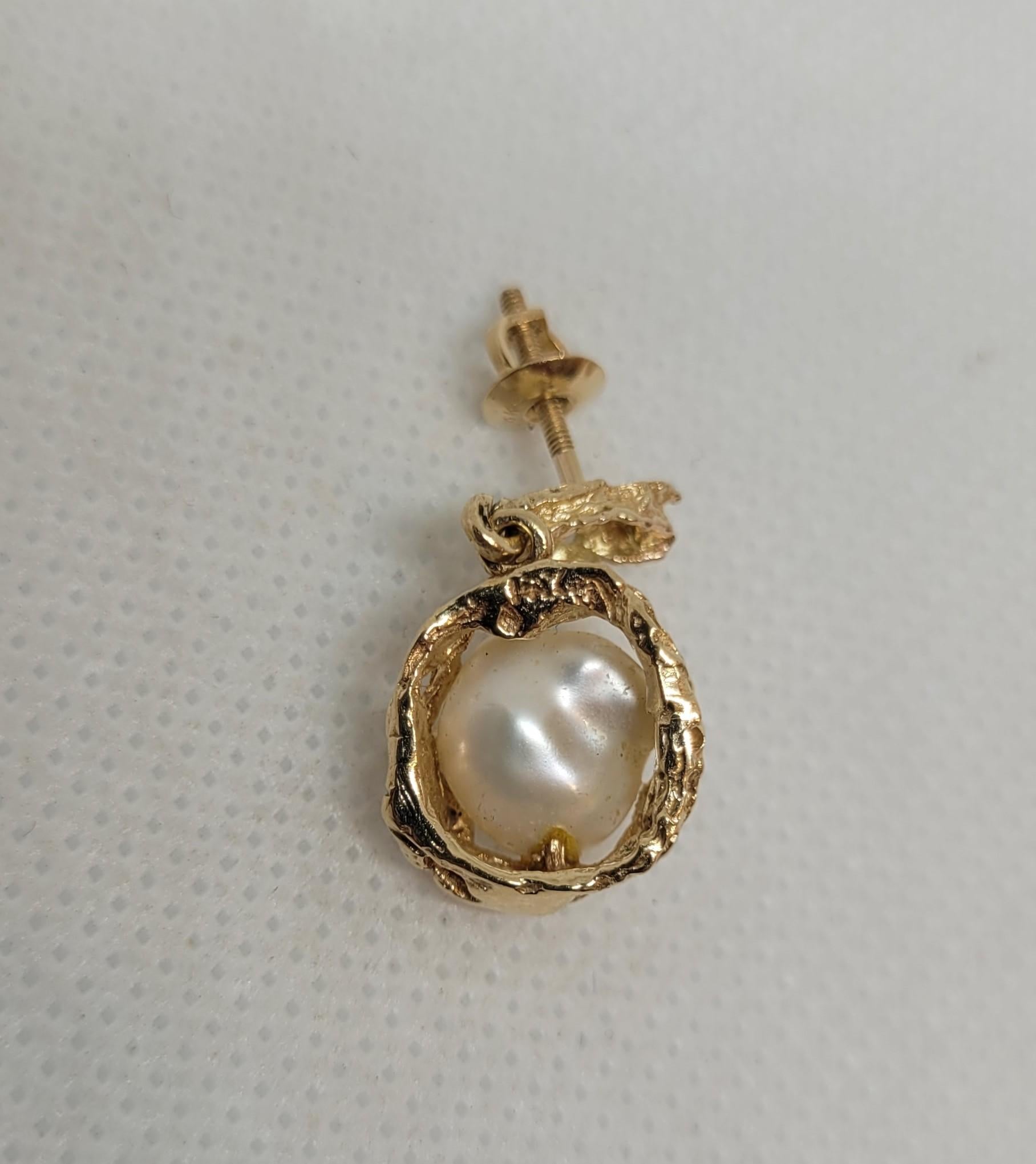 Artisan 14kt Yellow Gold Pearl Diamond Gold Nugget Screw Back Earrings, .04ct, 6.4 grams For Sale