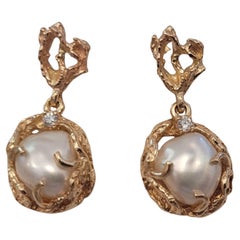 14kt Gelbgold Perle Diamant Gold Nugget Schraubverschluss Ohrringe, .04ct, 6,4 Gramm