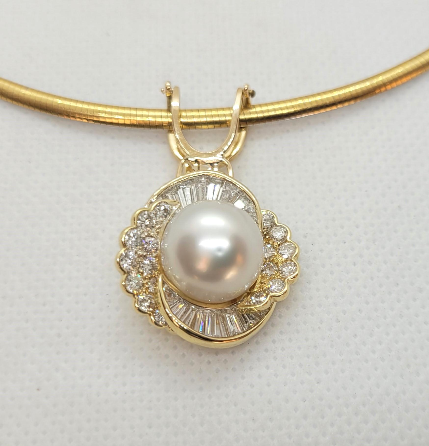 Modern 14kt Yellow Gold Pearl Diamond Pendant Enhancer, 12.3mm White Pearl, 1.78cttw For Sale