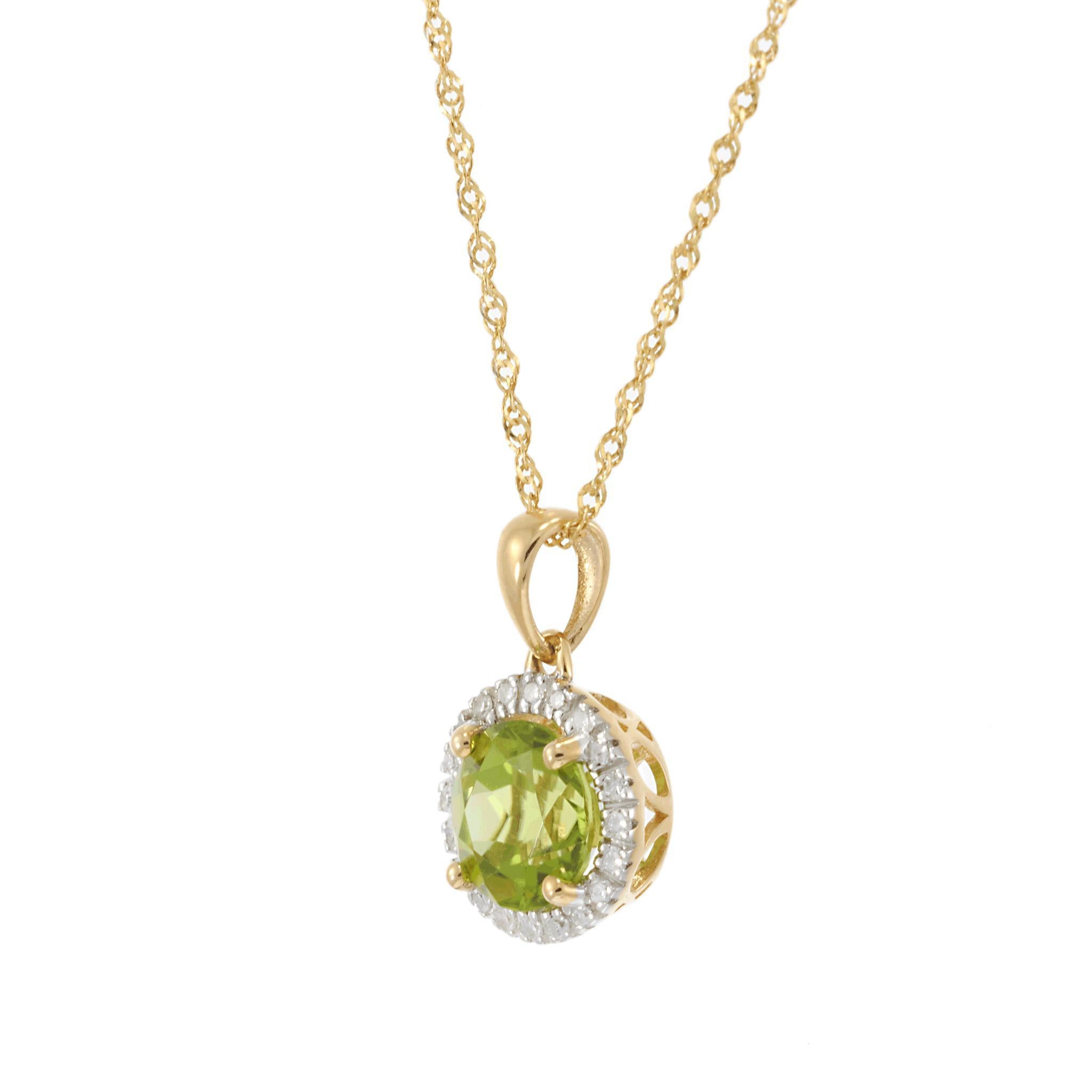 14KT Gelbgold Peridot und Diamant Halo-Anhänger Halskette (Rundschliff) im Angebot