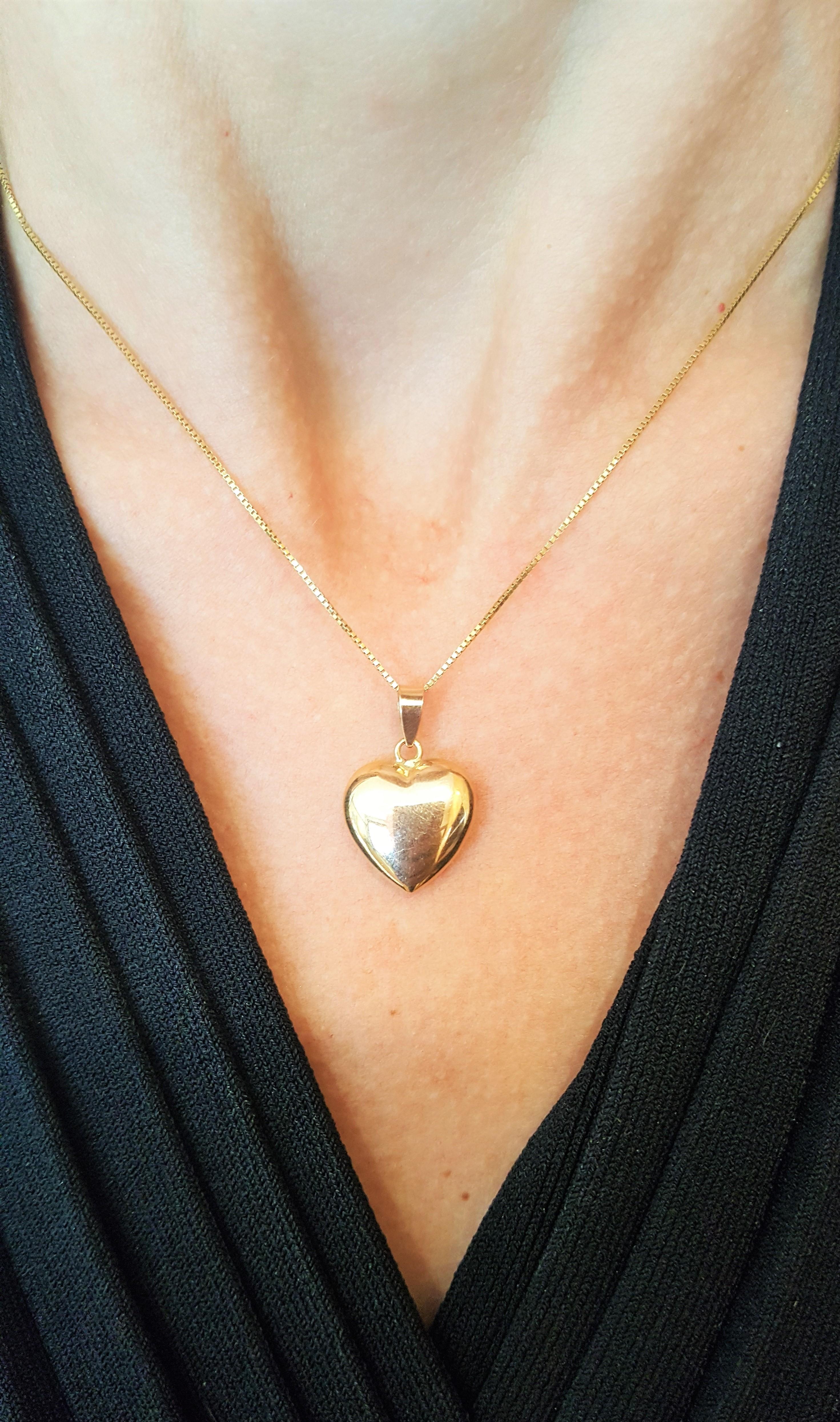 14kt Yellow Gold Puff Heart Pendant with Italian Box Chain 15mm x 12mm x 4mm In Good Condition In Rancho Santa Fe, CA