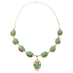14KT Yellow Gold Retro Era Jade Bib Necklace
