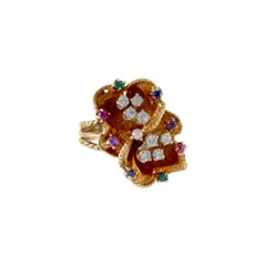 14KT Yellow Gold Retro Floral Cluster Floating Diamond and Multi-Color Ring