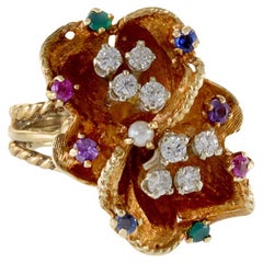14KT Yellow Gold Retro Floral Cluster Floating Diamond and Multi-Color Ring