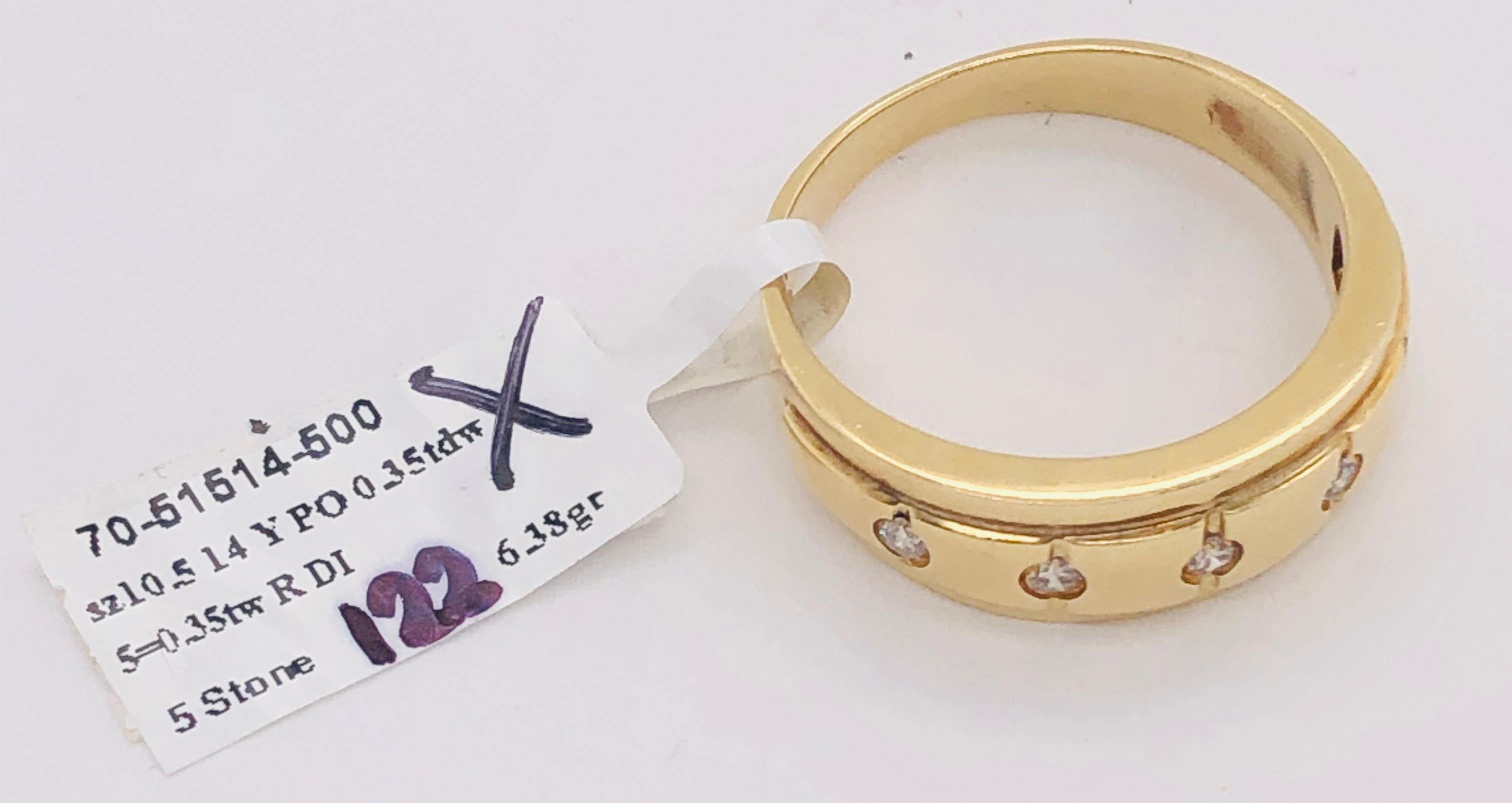 14 Karat Yellow Gold Ring Wedding Band with Five Diamonds .35 Carat For Sale 3