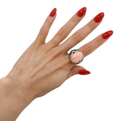 14kt yellow Gold Ring with Coral, Malachite and Diamonds