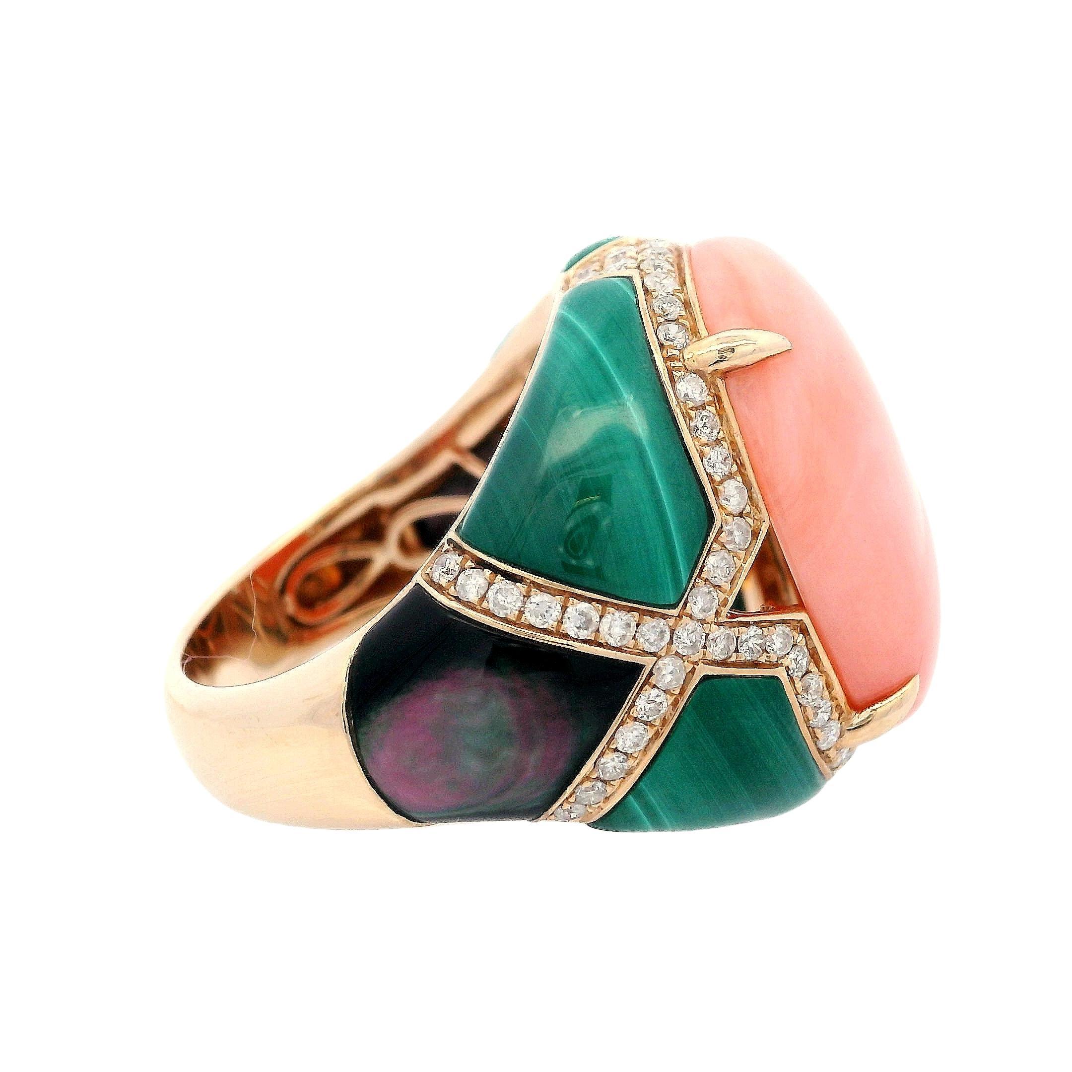 Cabochon 14kt yellow Gold Ring with Coral, Malachite and Diamonds For Sale
