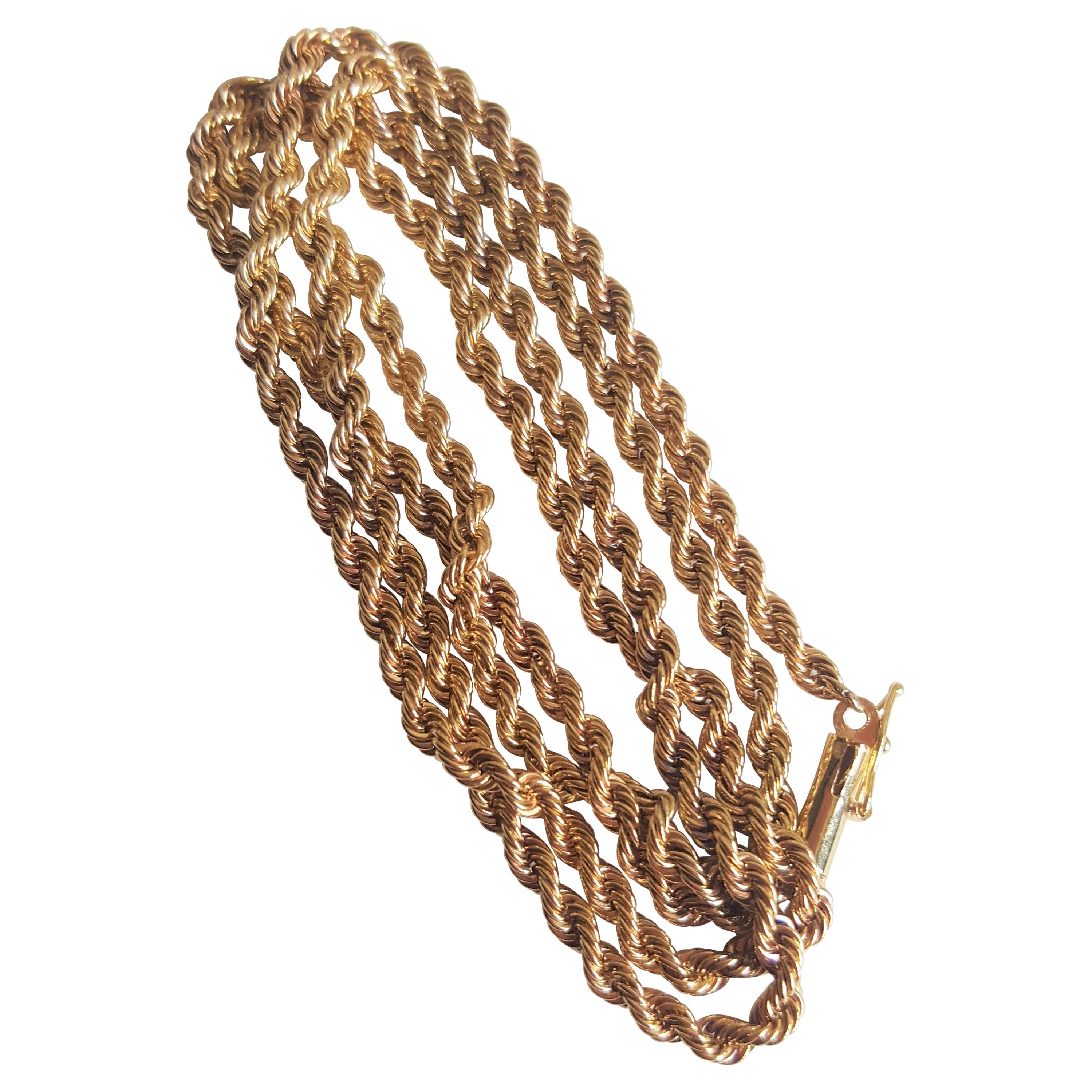 Vintage 14KT Yellow Gold Solid Rope Chain Necklace For Sale at 1stDibs