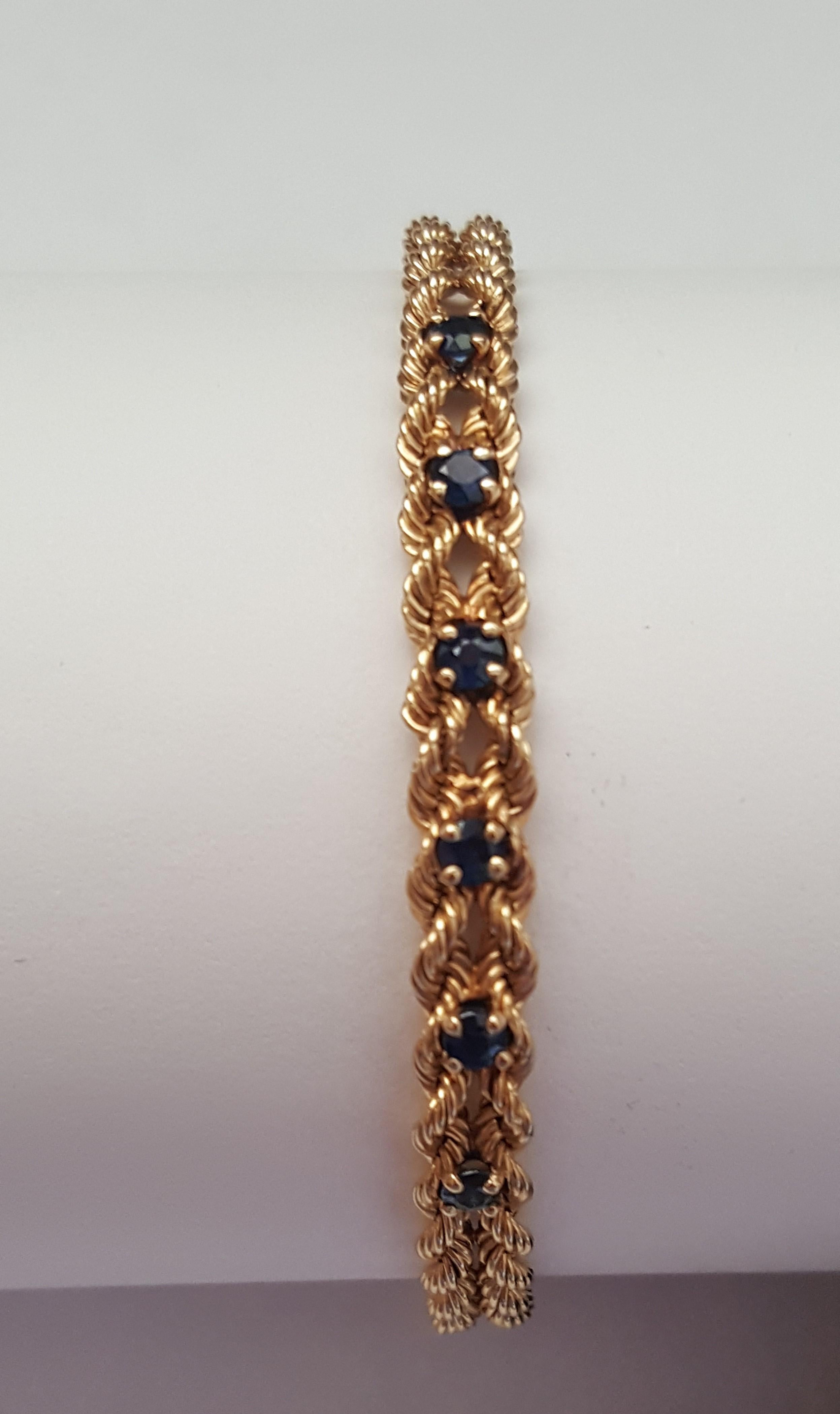 14 Karat Yellow Gold Rope Sapphire Bracelet, 12.1 Grams In Good Condition In Rancho Santa Fe, CA