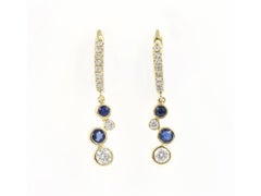 14KT Yellow Gold Round Blue Sapphire and Diamond Bezel Set Bubbled Drop Earrings