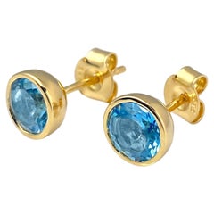14KT Yellow Gold Round Blue Topaz Bezel-Set Stud Earrings