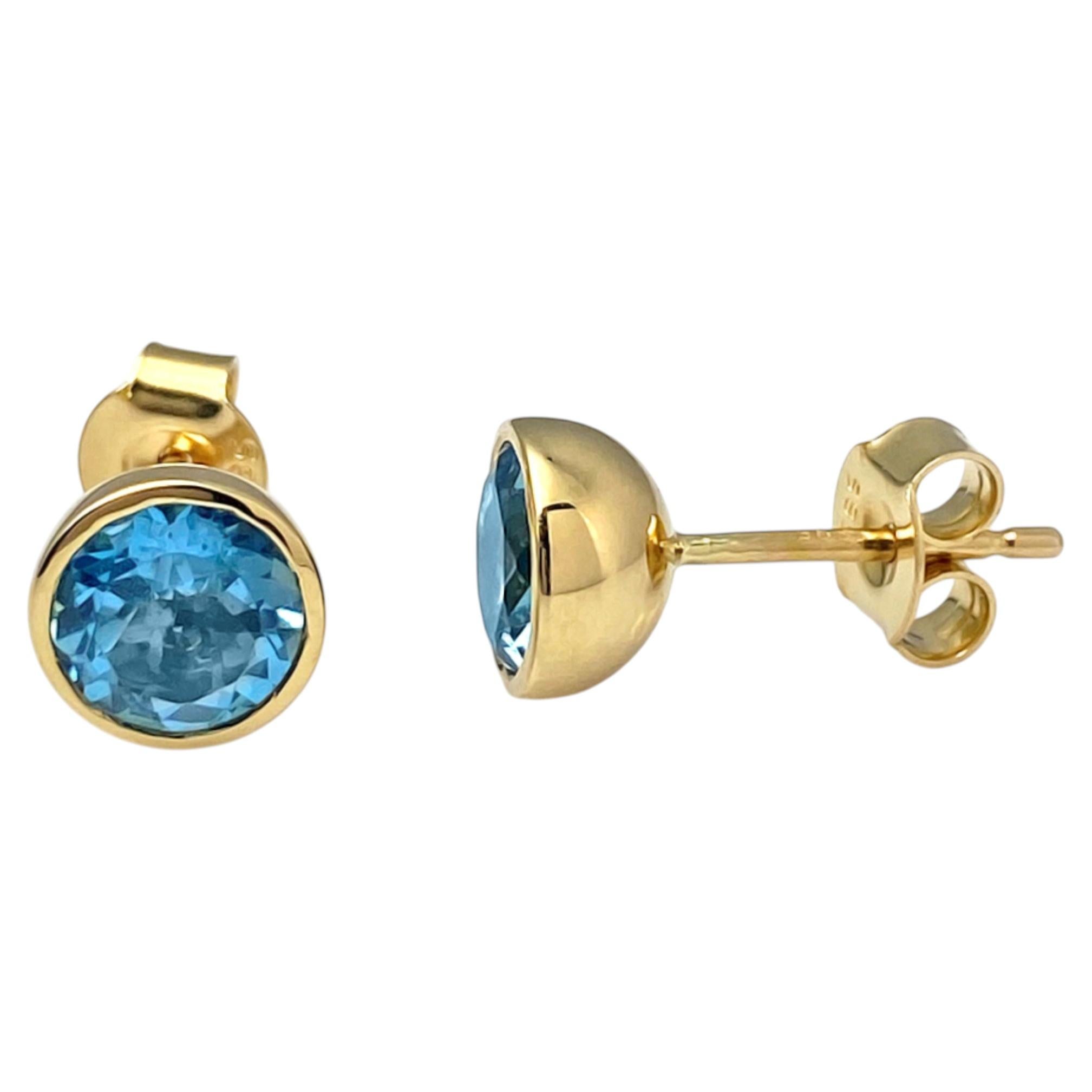 14KT Yellow Gold Round Blue Topaz Bezel-Set Stud Earrings