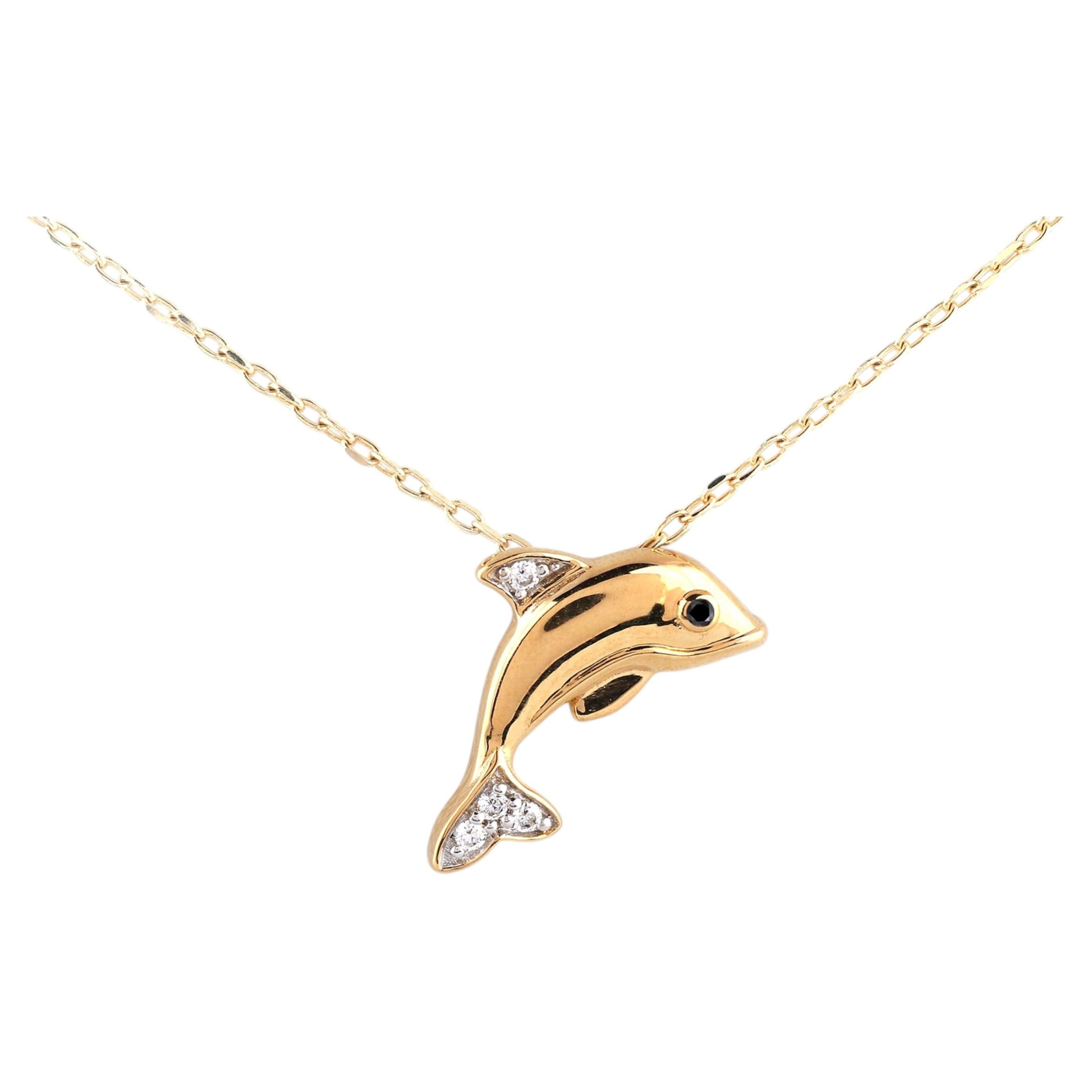 14KT Yellow Gold Round Cut Diamond Dolphin Pendant Necklace