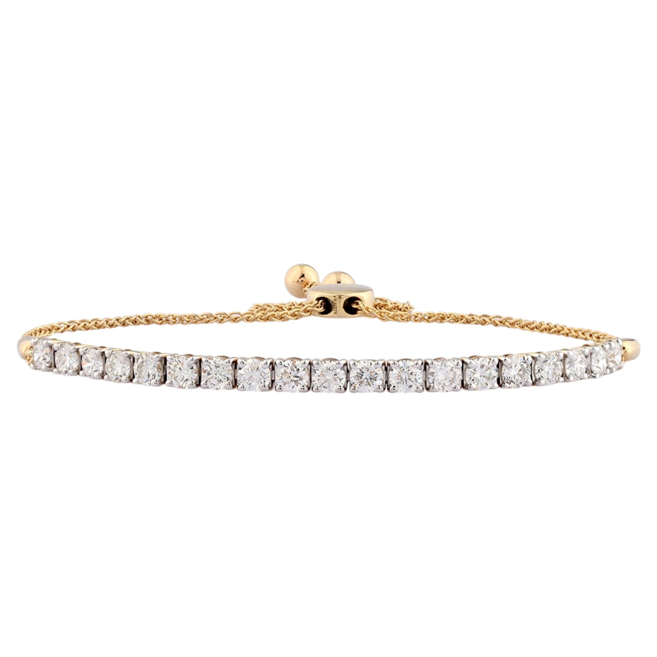 14KT Yellow Gold Round Diamond 2.0 Cts Adjustable Bolo Tennis Bracelet For Sale