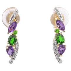 14KT Yellow Gold Round Diamond & Amethyst and Diopside Cascading Ribbon Earrings