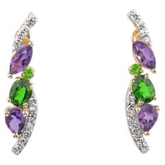 14KT Yellow Gold Round Diamond & Amethyst and Diopside Cascading Ribbon Earrings