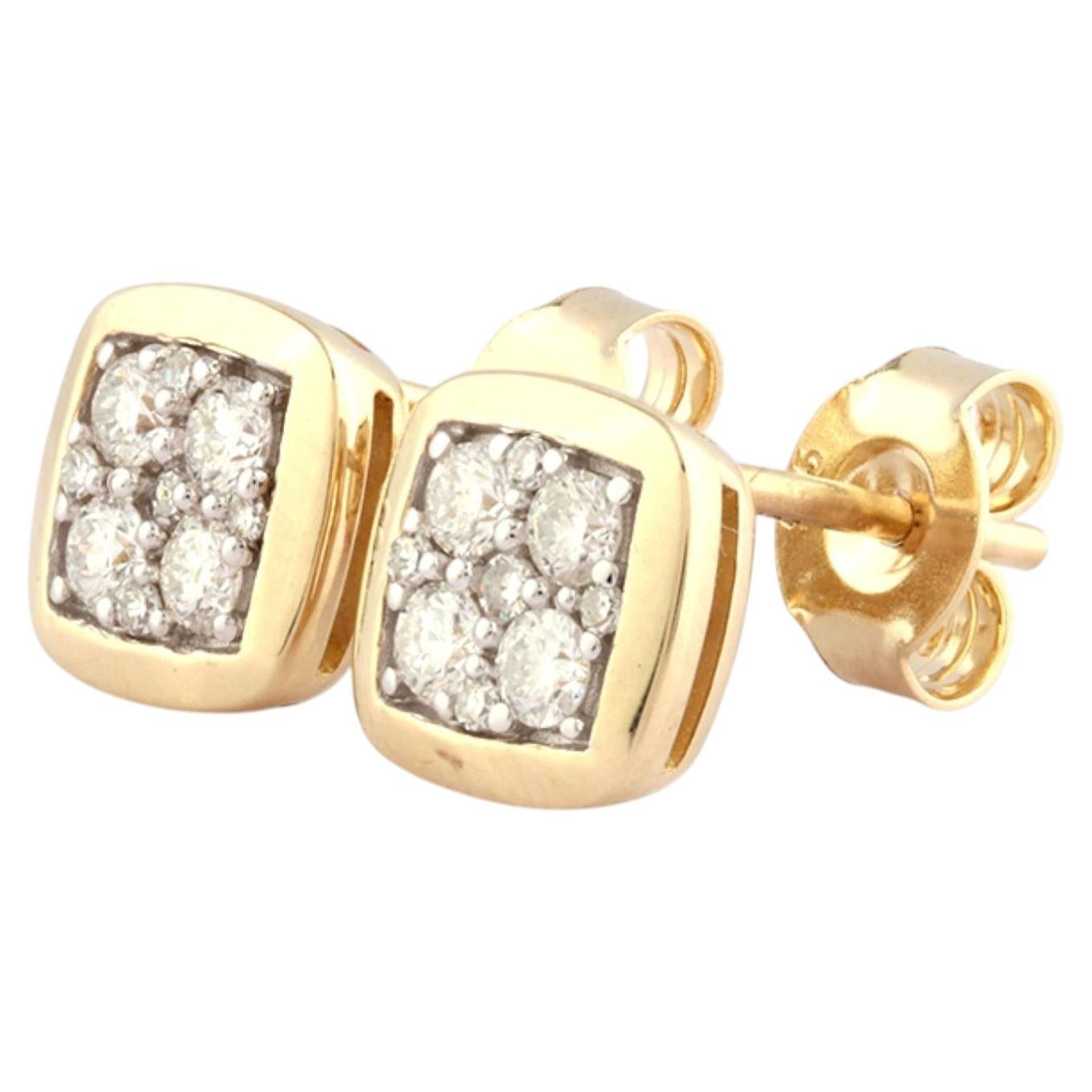 14KT Yellow Gold Round Diamond Cushion-Shaped Earrings Cluster Stud