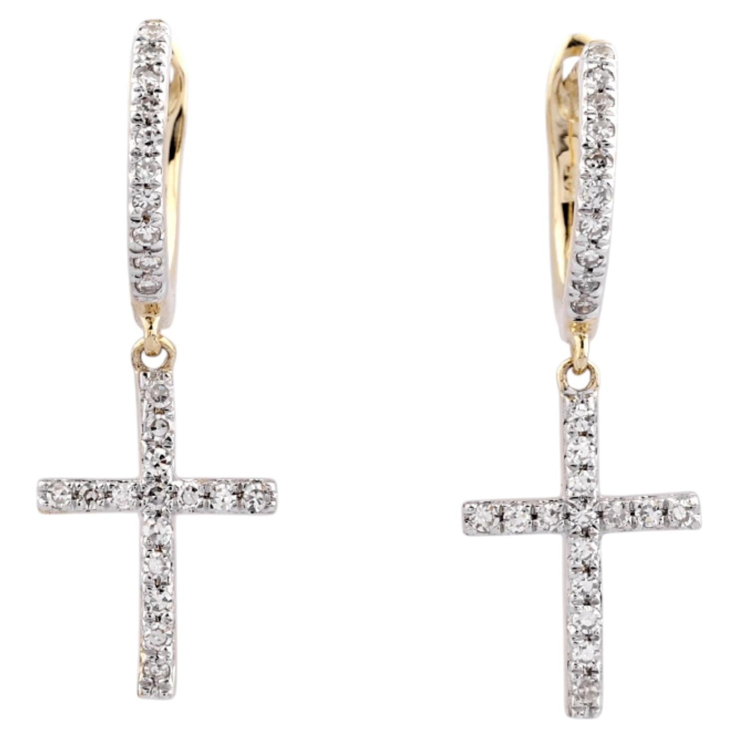 14KT Yellow Gold Round Diamond Divine Radiance Pave Cross Huggie Earrings