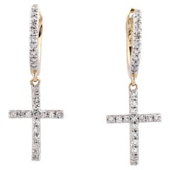 14KT Yellow Gold Round Diamond Divine Radiance Pave Cross Huggie Earrings