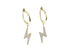 14KT Yellow Gold Round Diamond Lightning Bolt Charm Hoop Earrings