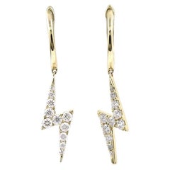 14KT Yellow Gold Round Diamond Lightning Bolt Charm Hoop Earrings