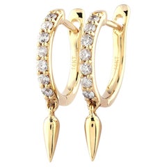 14KT Yellow Gold Round Diamond Modern Spike Pave Huggie Hoop Earrings