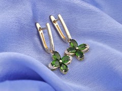 14KT Yellow Gold Round Diamond & Oval Chrome Diopside Bloom Drop Earrings