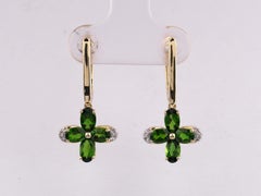14KT Yellow Gold Round Diamond & Oval Chrome Diopside Bloom Drop Earrings