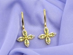 14KT Yellow Gold Round Diamond Peridot Petal Marquise Drop Earrings