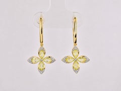 14KT Yellow Gold Round Diamond Peridot Petal Marquise Drop Earrings