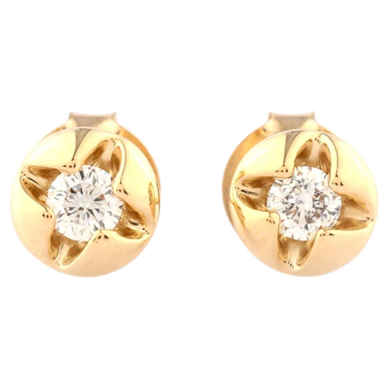 14KT Yellow Gold Round Diamond Solitaire Starburst Gold Orb Stud Earring
