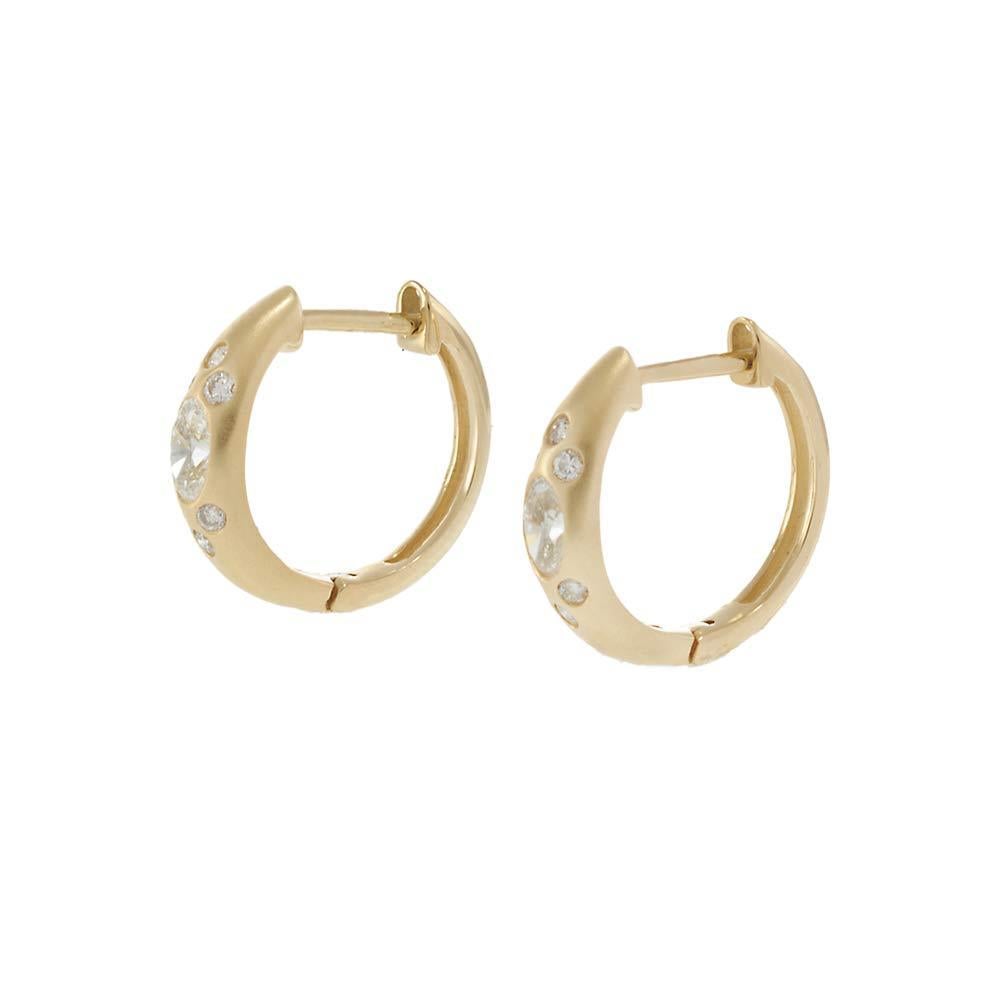 Contemporary 14KT Yellow Gold Round & Oval Diamond Huggie Hoop Earrings For Sale