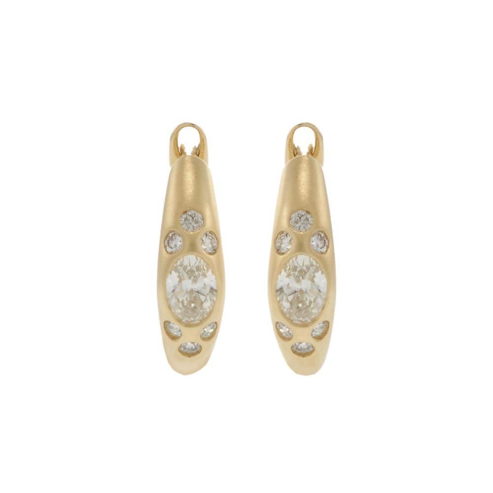 Mixed Cut 14KT Yellow Gold Round & Oval Diamond Huggie Hoop Earrings For Sale