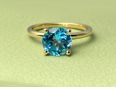 14KT Yellow Gold Round Swiss Blue Topaz Solitaire Ring
