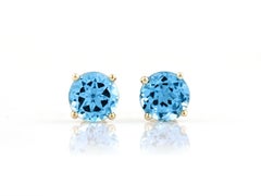 14KT Yellow Gold Round Swiss Blue Topaz Solitaire Studs Earrings