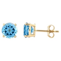14KT Yellow Gold Round Swiss Blue Topaz Solitaire Studs Earrings