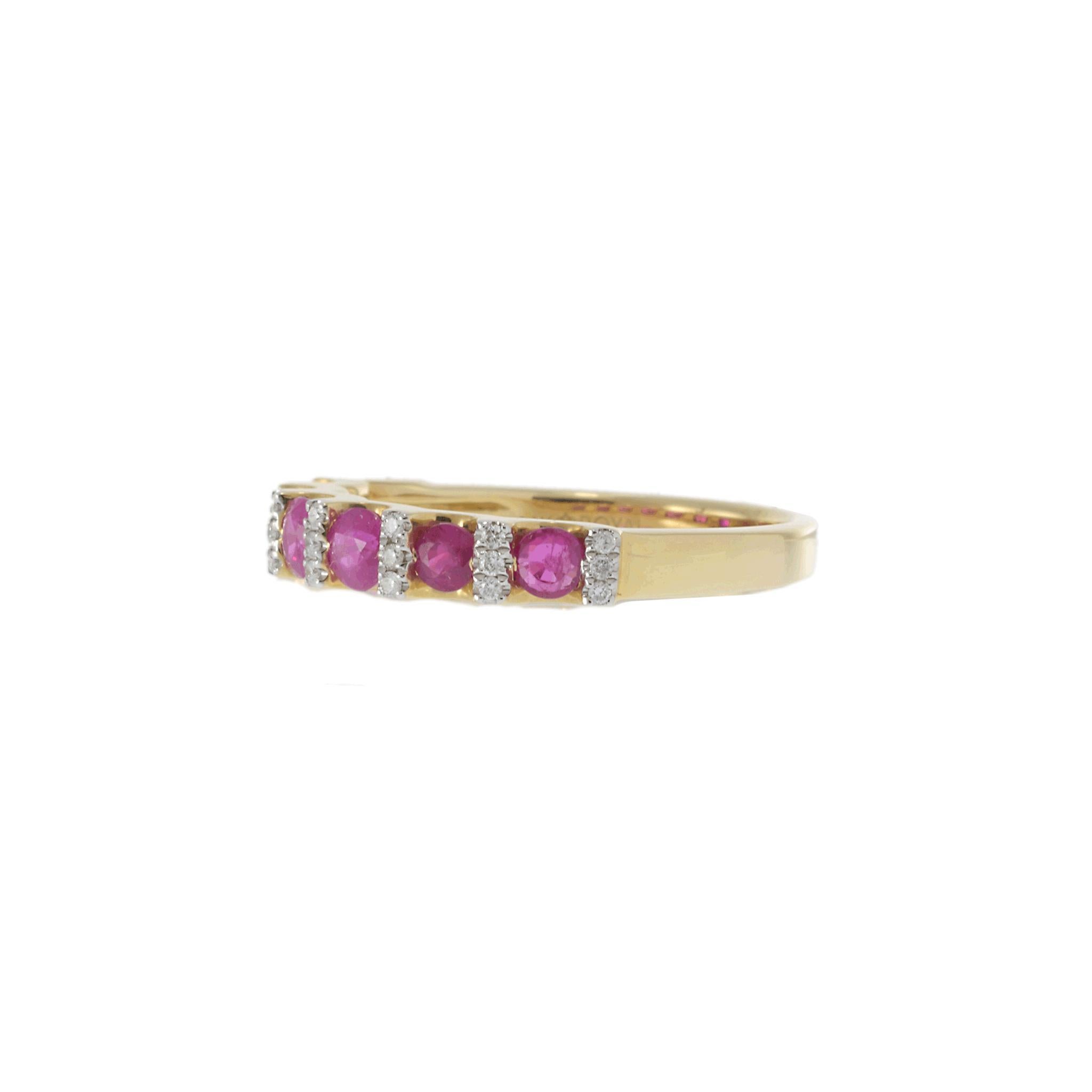 Crafted in luxurious 14KT yellow gold, this vibrant band ring features a striking alternating pattern of vivid rubies and sparkling round diamonds. The rich 1.00-carat total weight of rubies is beautifully complemented by 0.10 carats of diamonds,