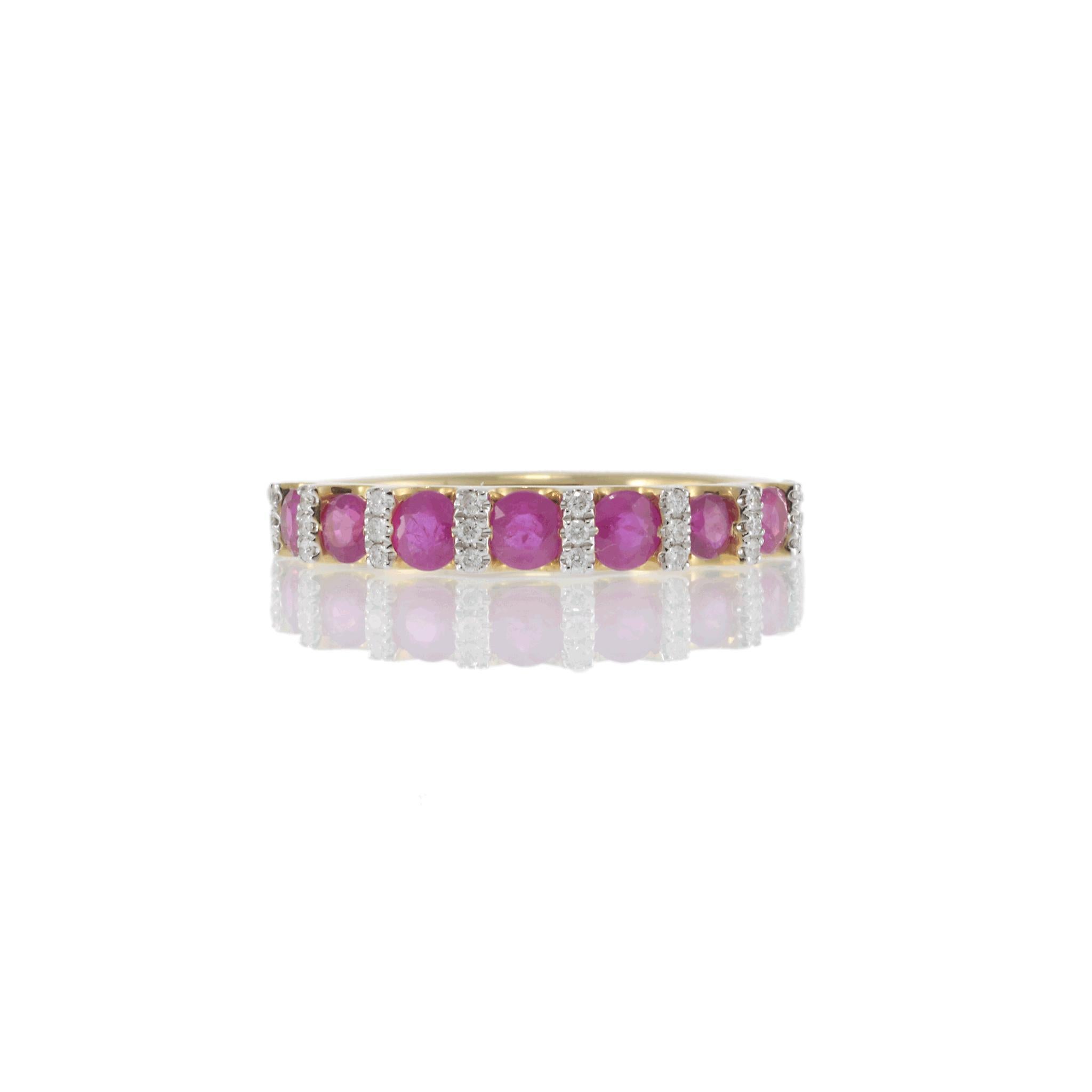 Round Cut 14KT Yellow Gold Ruby and Diamond Alternating Ring For Sale